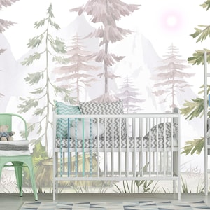 Woodland Wallpaper Neutral Nursery, Mountain Wall Mural Playroom, Forest Wallpaper Pastel Unisex, Watercolor Landscape Wall Paper Kids GJ221