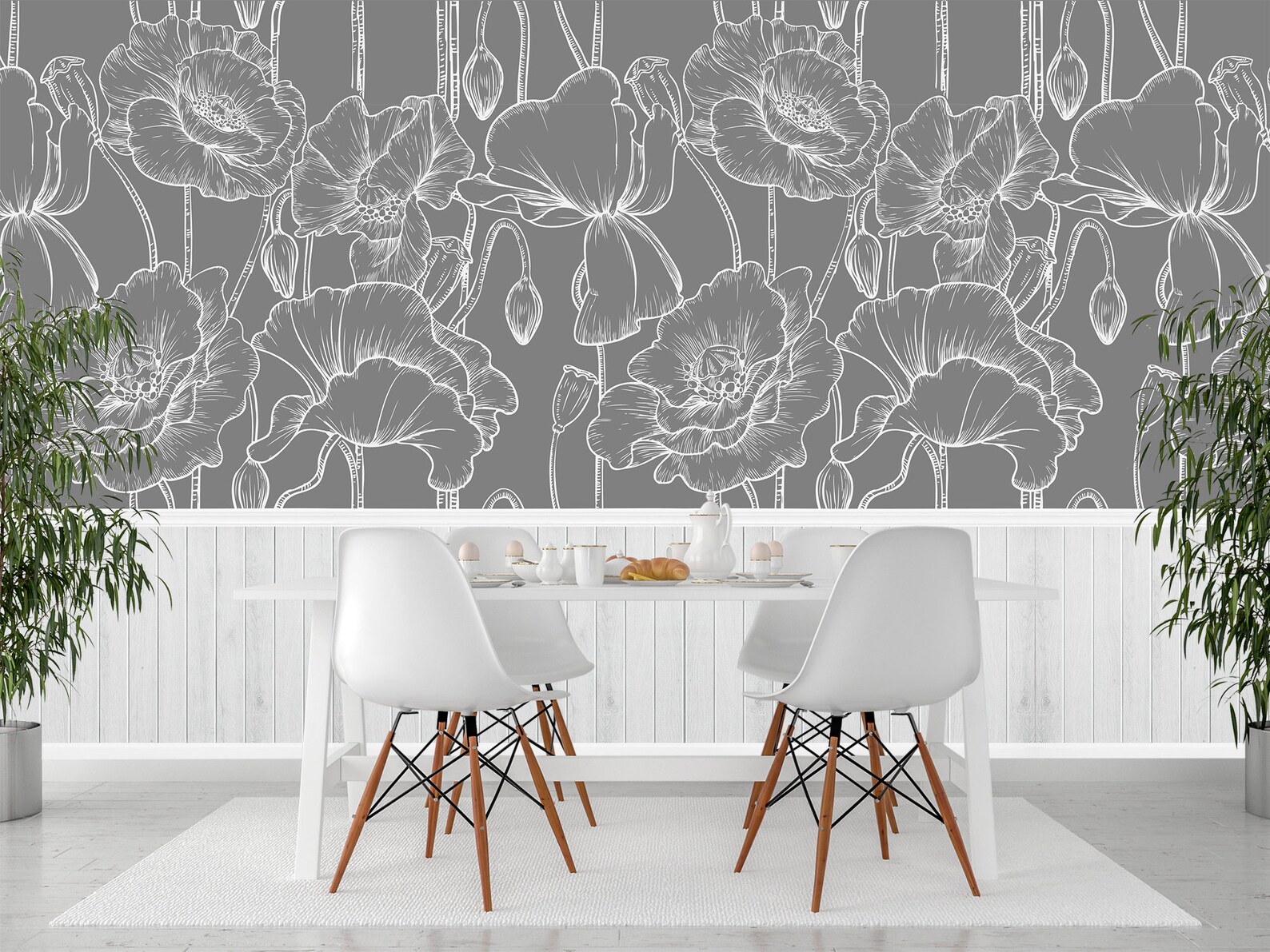 Grey and White Wallpaper Floral. Peel & Stick Wallpaper Mural. | Etsy
