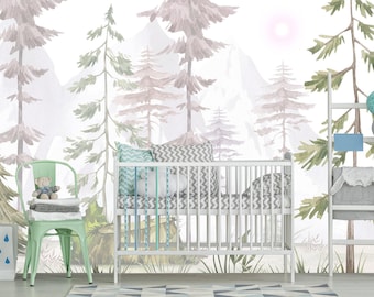 Woodland Wallpaper Neutral Nursery, Mountain Wall Mural Playroom, Forest Wallpaper Pastel Unisex, Watercolor Landscape Wall Paper Kids GJ221