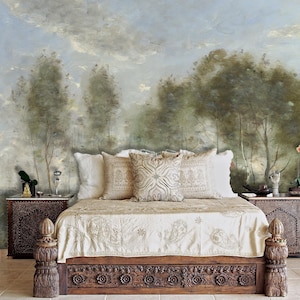 Birch Tree Painting Wallpaper Peel & Stick, Camille Corot Reproduction Wall Print Landscape Wallpaper Mural Nature Forest Wallpaper Scenic