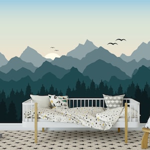 Mountain Wallpaper Nursery, Mountains with Sun Wall Mural, Blue Ombre Mountain Wall Paper, Woodland Wallpaper, Forest Wall Decor EK11