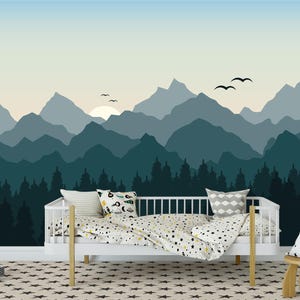 Mountain Wallpaper Nursery – Blue Ombre Wall Mural with Sun, Woodland Forest Decor for Kids Room, Removable Landscape Wallpape
