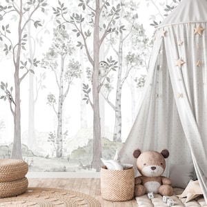 Birch Forest Nursery Wallpaper – Peel and Stick Woodland Mural, Neutral Tree Wall Art with Birds for Kids Room or Baby Nursery