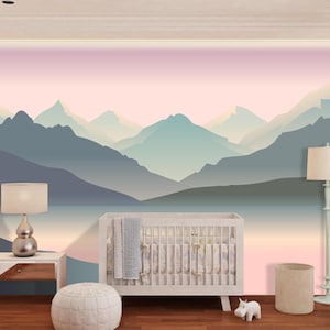 Mountain Wallpaper Removable, Ombre Landscape Wall Paper Nursery, Non Woven Wallpaper Kids, Pink and Grey Mountain Peaks Wall Mural Lake