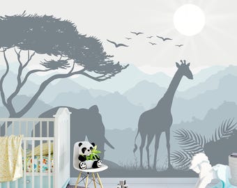 Safari Animals Wallpaper – Giraffe & Elephant Mural for Boys Room, Removable African Kids Wall Decor, Blue Non-Woven Nursery Wallpaper