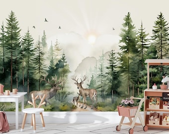 Woodland Animals Wallpaper Nursery, Mountain Wall Mural Forest Wallpaper Removable Kids Room, Watercolor Woodland Animals Nursery Decor
