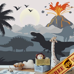 Large Dinosaur Wall Decals, Nursery Wall Stickers, Volcano Wall