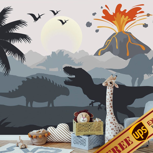 Papier peint Jurassic World pour chambre d'enfant, décoration murale dinosaure amovible pour chambre de garçons, papier peint enfant volcan, décoration murale Trex gris non tissé JK653