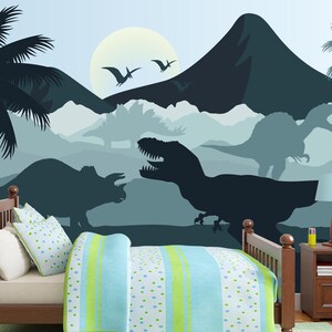 Jurassic World Dinosaur Wallpaper – Blue Nursery Wall Mural, Volcano Trex Boys Room Decor, Dino Wall Paper Peel and Stick Mountain Landscape image 2