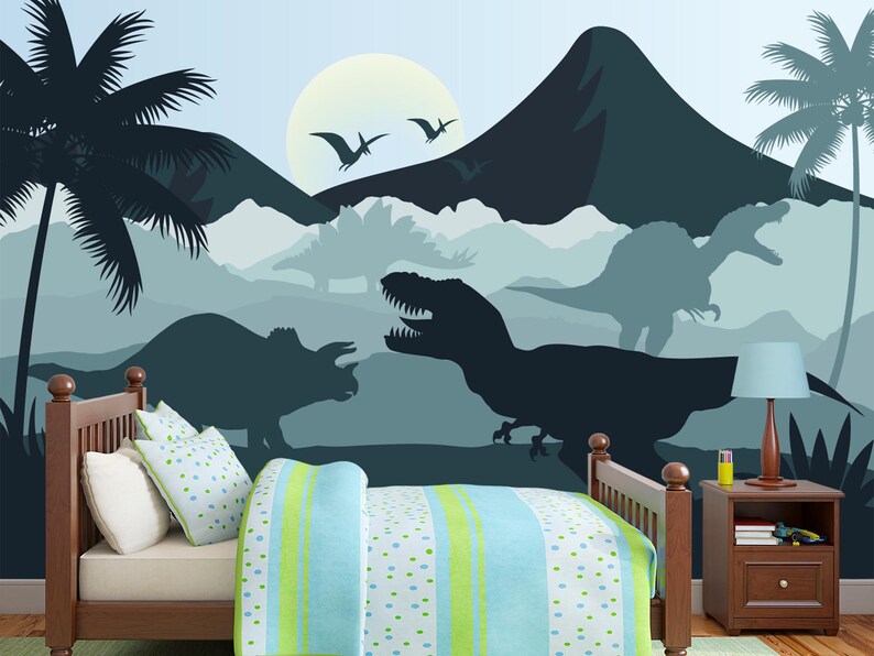 Jurassic World Dinosaur Wallpaper – Blue Nursery Wall Mural, Volcano Trex Boys Room Decor, Dino Wall Paper Peel and Stick Mountain Landscape image 2