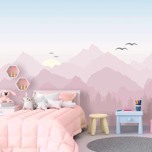 Mountains Wallpaper Girl Room Removable Pine Tree Forest Wall Mural Pastel Wallpaper Nursery Pink Ombre Wallpaper Landscape Kids Ecofriendly