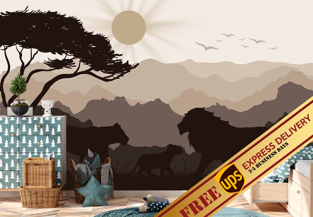 Lion Family Wallpaper Removable, Tropical Wall Mural, Jungle Wallpaper ...