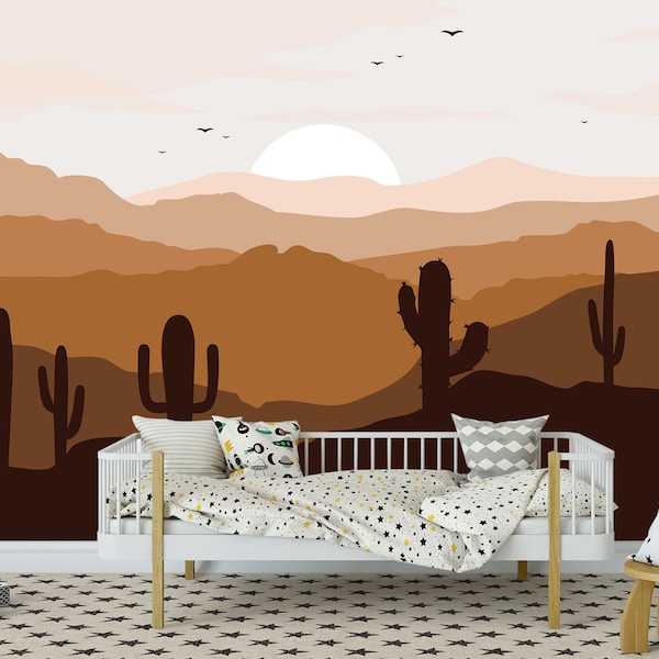 Desert Wallpaper Self Adhesive, Mountains Wallpaper Brown Ombre Wall Mural Removable, Sunset Wallpaper Bedroom Decor, Cactus Wallpaper Roll