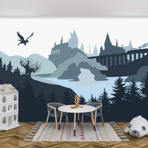 Castle Wallpaper Boys Room – Wizard Castle Wall Mural Peel & Stick, Navy Blue Nursery Decor, Woodland Magical Playroom Wallpaper Peel Stick