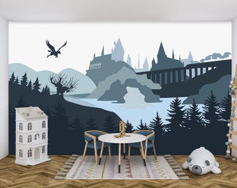 Castle Wallpaper Boys Room – Wizard Castle Wall Mural Peel & Stick, Navy Blue Nursery Decor, Woodland Magical Playroom Wallpaper Peel Stick