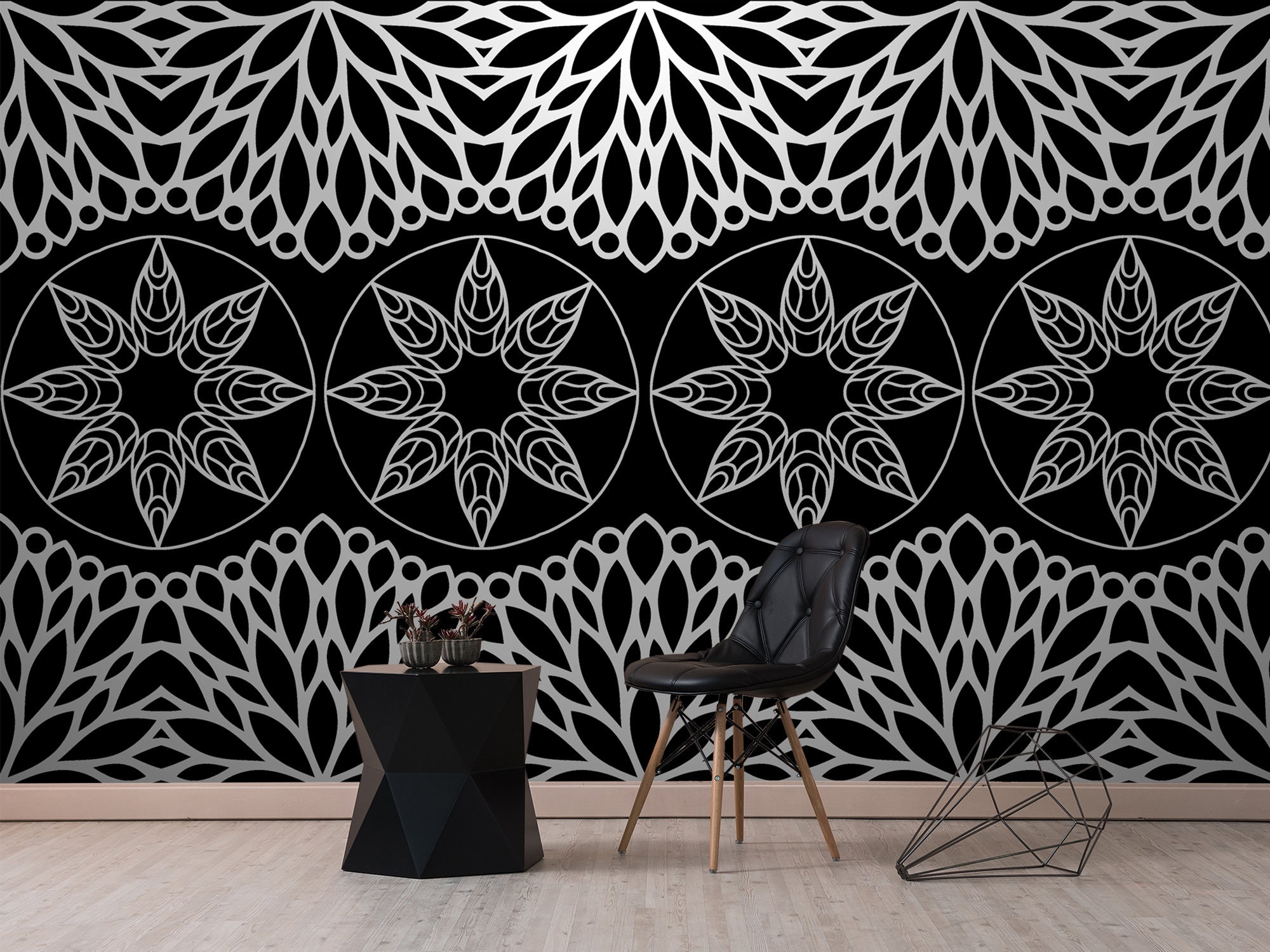 Dark Floral Wallpaper SIlver Metallic Color Black Wallpaper Etsy