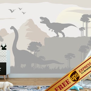 Large Dinosaur Wallpaper Nursery Removable - Jurassic World Wall Mural for Kid Peel & Stick - T-Rex Wallpaper - Triceratops Wall Decal JK428