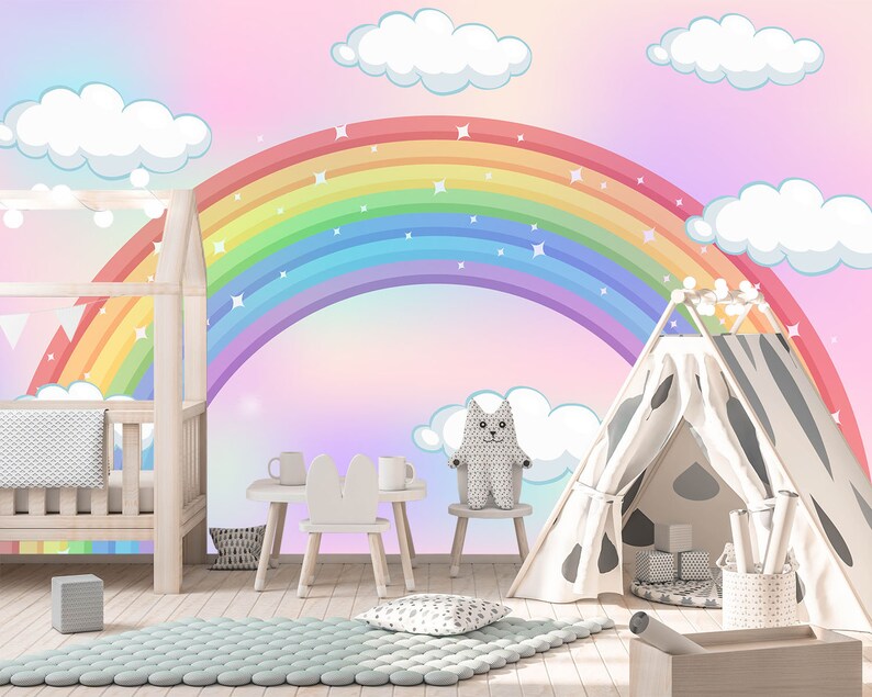 Rainbow Wallpaper With and Clouds Nursery. Colorfull Rainbow - Etsy