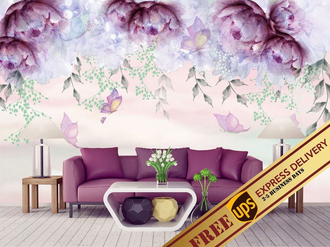 Purple Peony Wallpaper Watercolor Peony Flowers With Butterfly ...