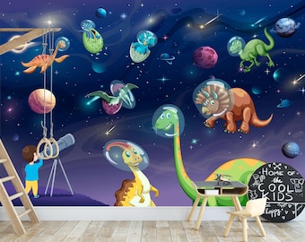 Dinosaur, Space Wallpaper Nursery, Boy Room Decor Dino Wall Mural Peel Stick, Jurassic World Mural Toddler, Galaxy Dark Wall Decor Playroom