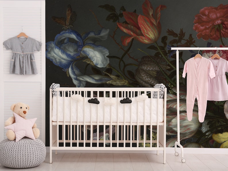 Dutch Floral Wallpaper Dark Floral Peel & Stick Wallpaper Etsy