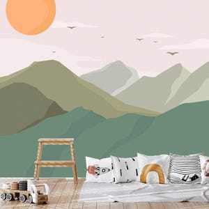 Mountain Landscape Wallpaper – Minimalist Kids Room Mural, Soft Pastel Nature Wall Art, Calm Nursery Decor, Scandi Style Green Landscape image 4