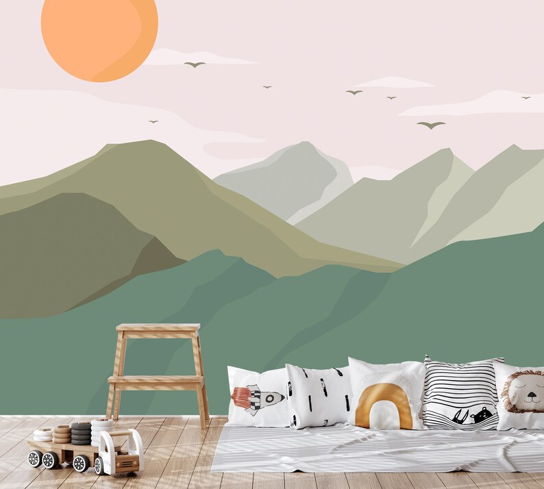 Mountain Landscape Wallpaper – Minimalist Kids Room Mural, Soft Pastel Nature Wall Art, Calm Nursery Decor, Scandi Style Green Landscape image 4