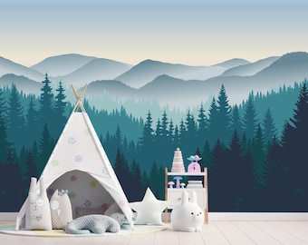 Mountain Nursery Wallpaper, Forest Wall Mural Boys Room, Blue Landscape Scale Watercolor Mountain Woodland Mural, Hunting Room Toddler Decal
