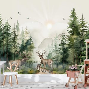 Woodland Animals Wallpaper Nursery, Mountain Wall Mural Forest Wallpaper Removable Kids Room, Watercolor Woodland Animals Nursery Decor