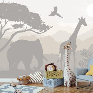Safari Animals Wallpaper Nursery Removable, Giraffe and Elephant Wall Mural Toddler Room African Animal Beige Wallpaper Kids Peel and Stick