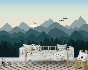 Mountain Wallpaper Nursery – Blue Ombre Wall Mural with Sun, Woodland Forest Decor for Kids Room, Removable Landscape Wallpape
