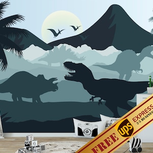 Dinosaur Wallpaper Removable Boys Room. Jurassic World Wallpaper Nursery. Trex Triceratops Wall Decor Kids. Blue Wall Mural Playroom JK426