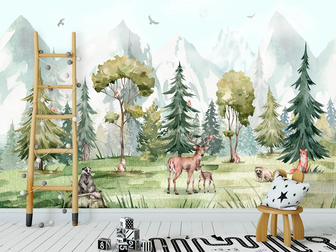 Woodland Animals Wallpaper Nursery Mountain Wall Mural Forest Wallpaper ...