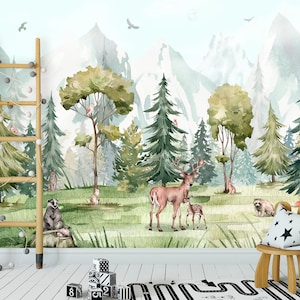 Woodland Animals Wallpaper Nursery Mountain Wall Mural Forest Wallpaper Removable Kids Room Watercolor Woodland Nursery Decor Cute Animals