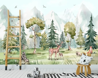 Waldtiere Tapete Kinderzimmer Bergwand Wandbild Wald Tapete Abnehmbares Kinderzimmer Aquarell Wald Kinderzimmer Dekor Niedliche Tiere