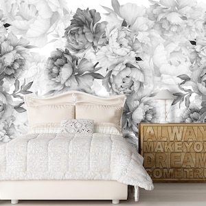Black and White Peony Wallpaper Removable, Grey Monochrome Floral Wall Mural Nursery Peel and Stick, Peonies Flowers Wall Paper Girl Room