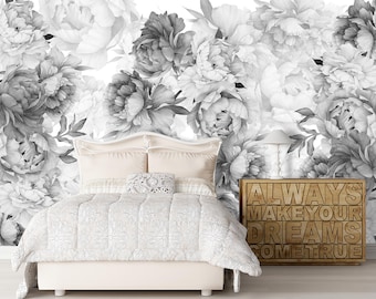 Black and White Peony Wallpaper Removable, Grey Monochrome Floral Wall Mural Nursery Peel and Stick, Peonies Flowers Wall Paper Girl Room