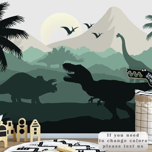 May include: A wall mural featuring a prehistoric landscape with black silhouettes of a Tyrannosaurus Rex, a Triceratops, and a long-necked dinosaur. The scene includes palm trees, mountains, and flying pterodactyls against a pale yellow sun.