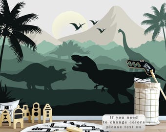 Dinosaur Wallpaper Nursery Boy Room Decor, Green Dino Wall Mural Peel Stick, Jungle, Tropical Wallpaper Kids, Jurassic World Mural Mountains