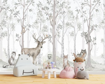 Woodland Wallpaper Kids Room Forest Animals Wall Mural Watercolor Pastel Wallpaper Neutral Gender Nursery Deer Fox Wolf Wall Decor Playroom