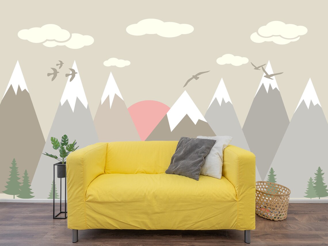 Mountain Mural Wallpaper. Kids Gray Geometric Mountains Etsy