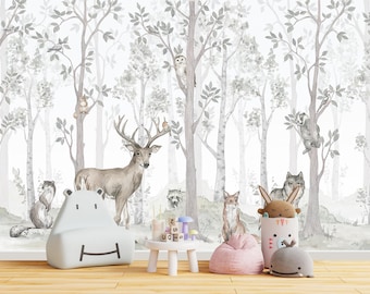 Woodland Kids Wallpaper – Forest Animals Wall Mural for Nursery, Watercolor Pastel Deer, Fox, Wolf Wallpaper, Neutral Gender Decor