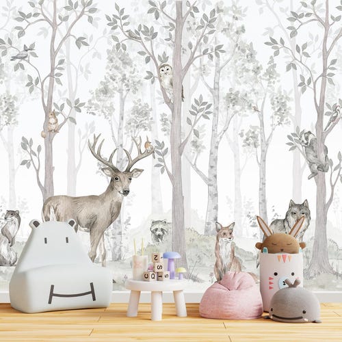 Woodland Kids Wallpaper – Forest Animals Wall Mural for Nursery, Watercolor Pastel Deer, Fox, Wolf Wallpaper, Neutral Gender Decor