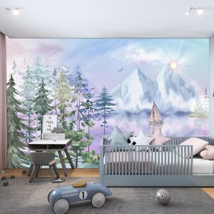 Mountains & Lake Wallpaper Kids Room – Pastel Watercolor Forest Wall Mural Nursery – Woodland Nursery Wall Decor - Sailing Ship Accent Wall
