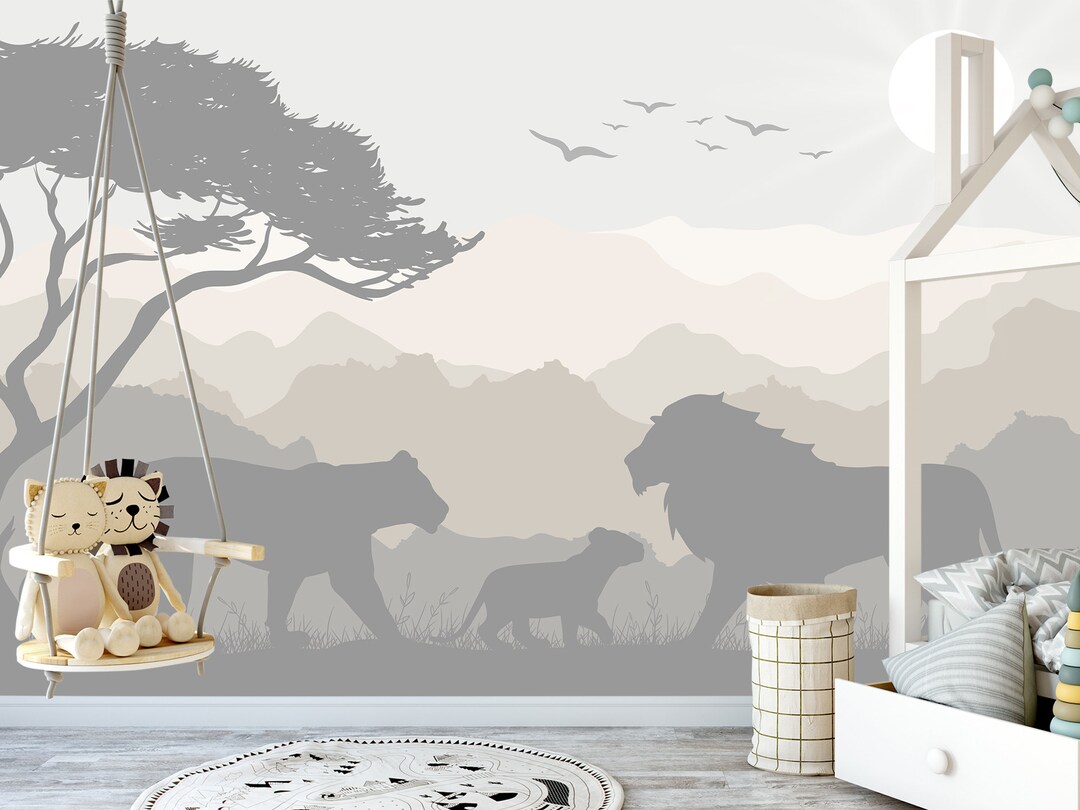 Lion Family Wallpaper for Toddler Room Removable - Pastel Tropical Wall ...
