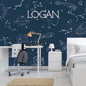 Сonstellation Wallpaper Personalized Removable. Dark Space Wall Mural Boys Room. Planets Wallpaper Nursery. Stars Decor Custom name JK756