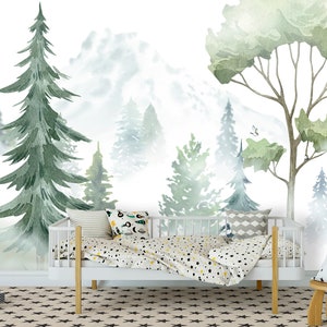 Grey Mountains Wallpaper Removable / Forest Wall Mural Girl Room / Woodland Accent Wallpaper Nursery / Nuture Watercolor Tree Wall Decor Kid