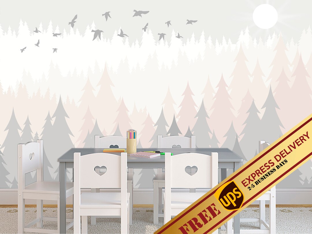 Pink Mountain Wallpaper Girls Room Pastel Woodland Nursery Etsy