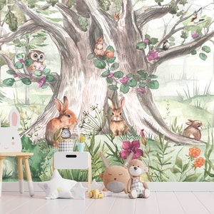 Woodland Animals Wallpaper Kids Room, Forest Nursery Wall Mural Removable, Rabbit Wallpaper Watercolor Peel and Stick Wall Decor Nursery