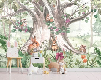 Woodland Animals Wallpaper Kids Room, Forest Nursery Wall Mural Removable, Rabbit Wallpaper Watercolor Peel and Stick Wall Decor Nursery